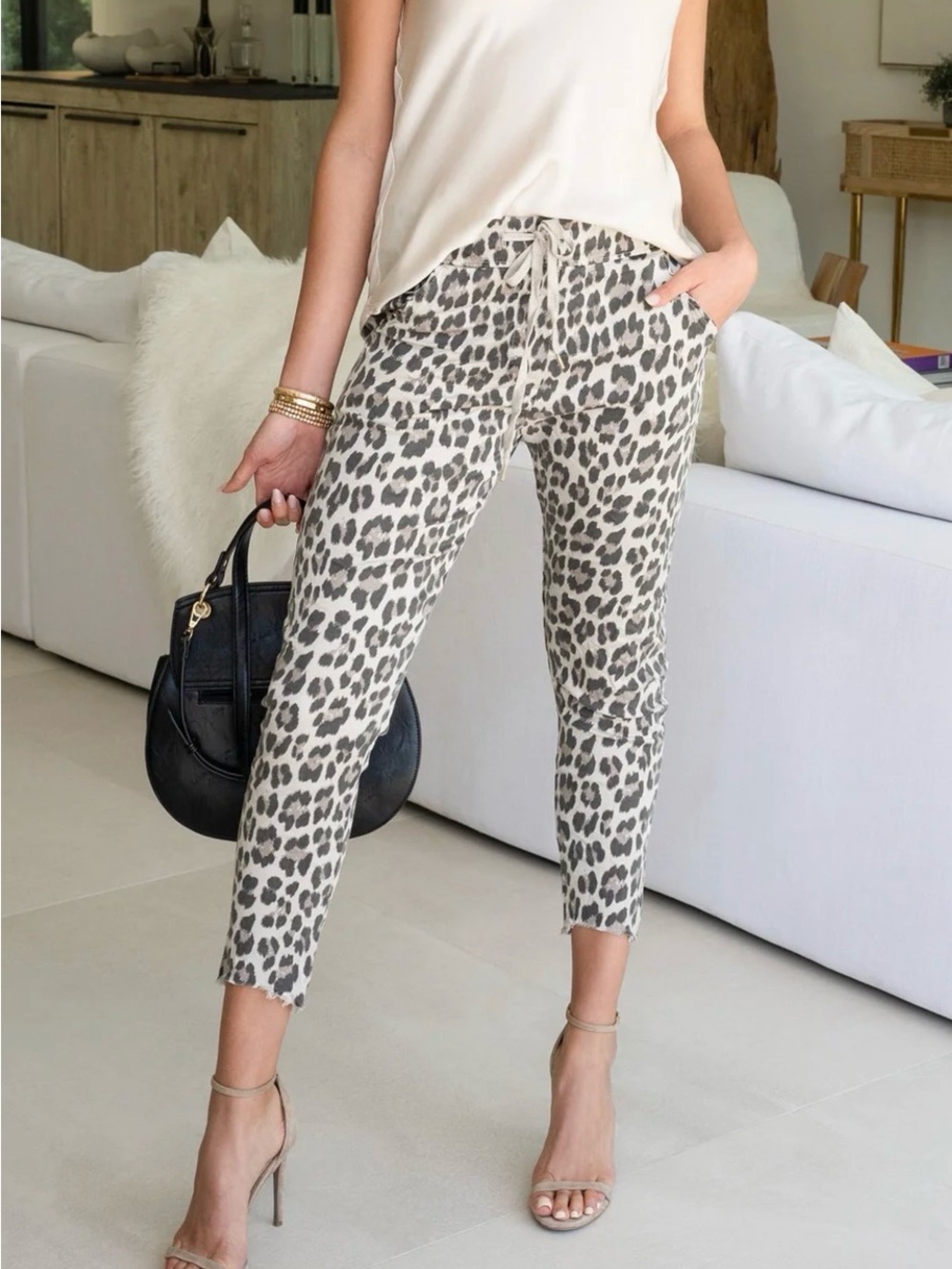 Venti6 Stretch Drawstring Jogger in Leopard Prinht Sz L